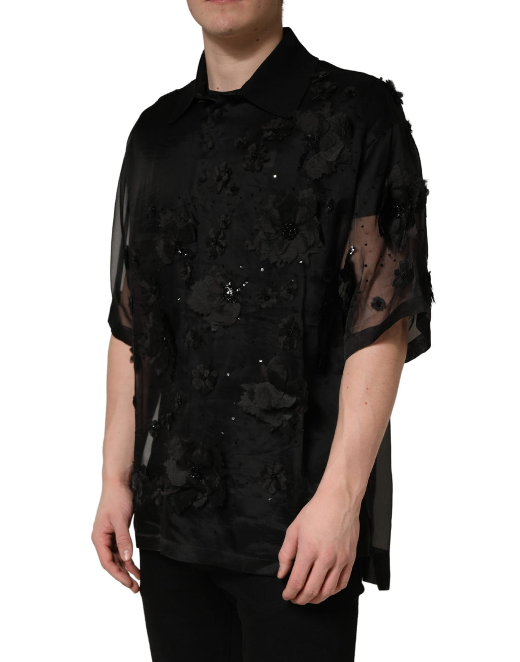 Dolce & Gabbana Black Floral Applique Sheer Short Sleeve Shirt - Eljoys Fashion 