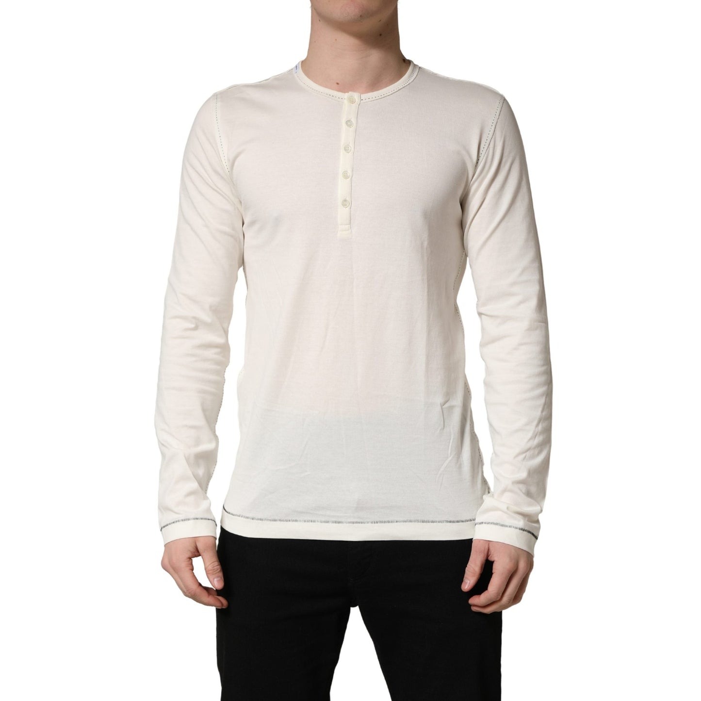 Dolce & Gabbana White Long Sleeves Henley Pullover Sweater Dolce & Gabbana