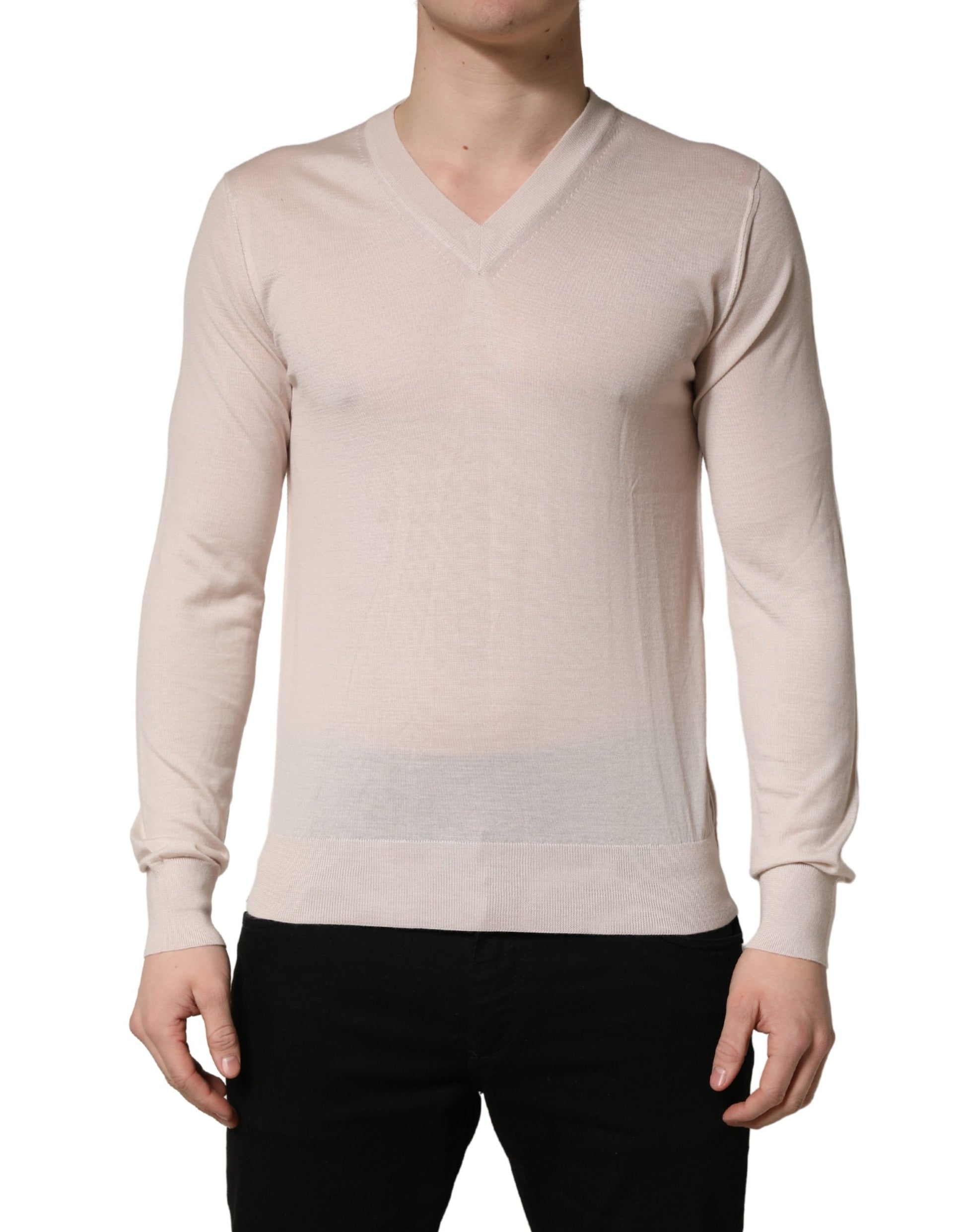 Dolce & Gabbana Beige Cashmere V-neck Men Pullover Sweater Dolce & Gabbana