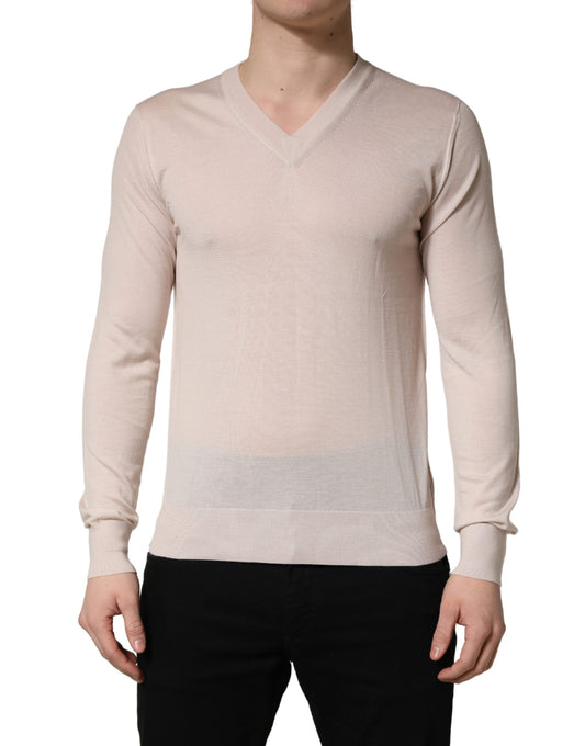 Dolce & Gabbana Beige Cashmere V-neck Men Pullover Sweater Dolce & Gabbana