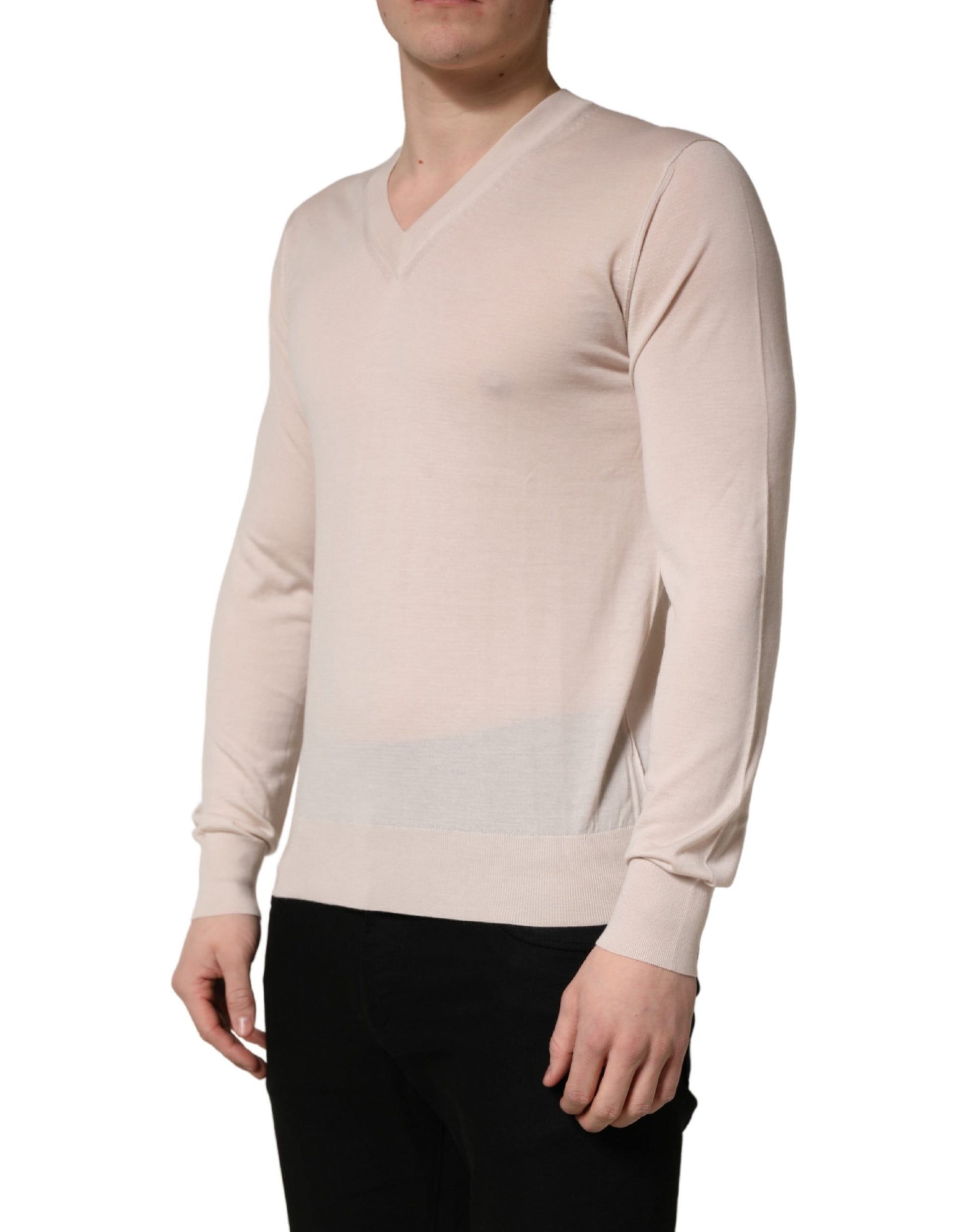 Dolce & Gabbana Beige Cashmere V-neck Men Pullover Sweater Dolce & Gabbana