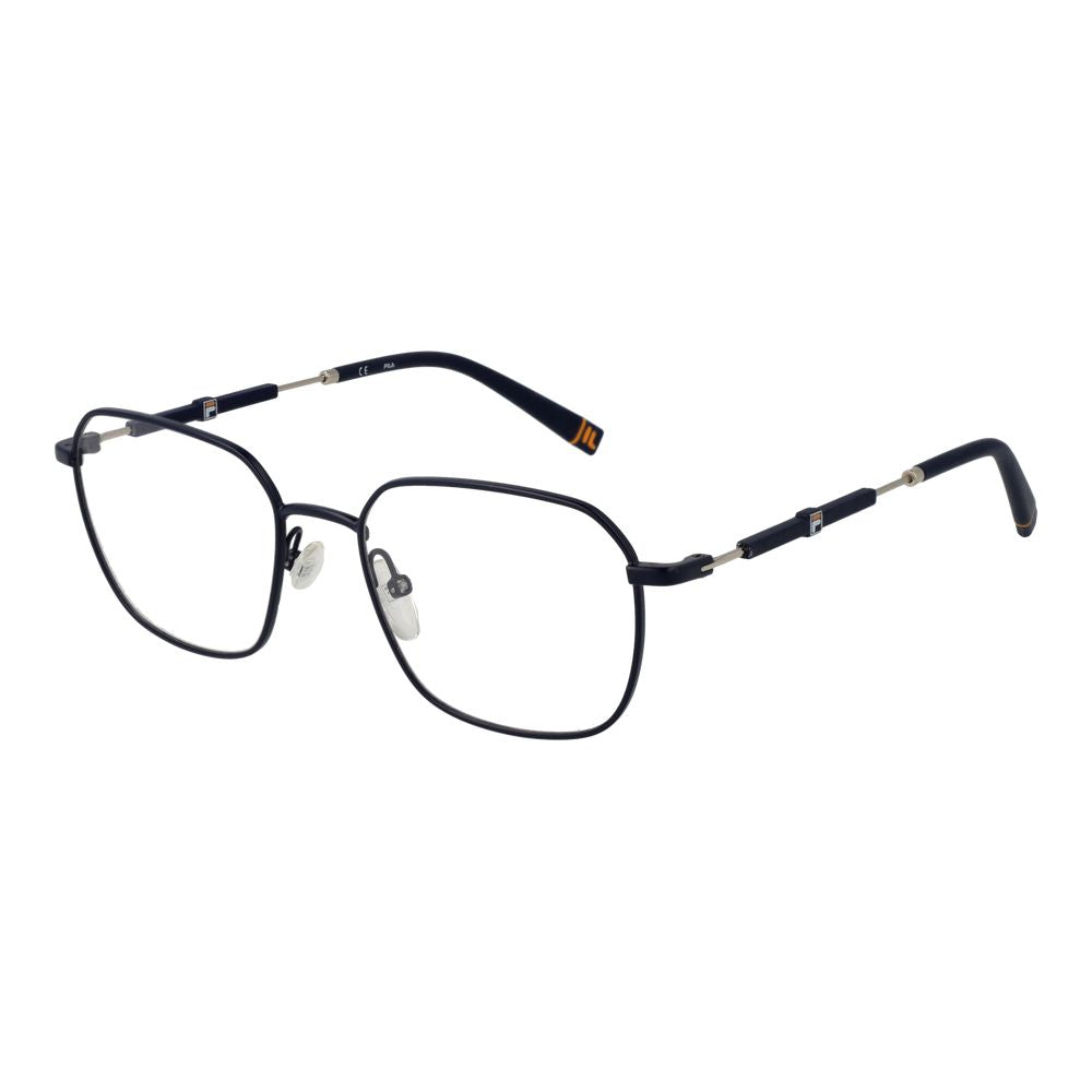 Fila blue metal eyeglass frames with slim design and clear lenses, modern and stylish for everyday wear.