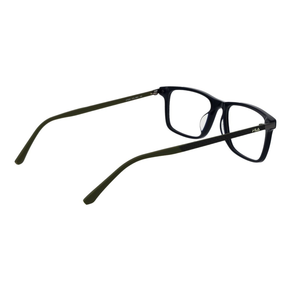 Fila blue rubber glasses frames with clear lenses, showcasing a sleek, modern design for stylish eyewear.