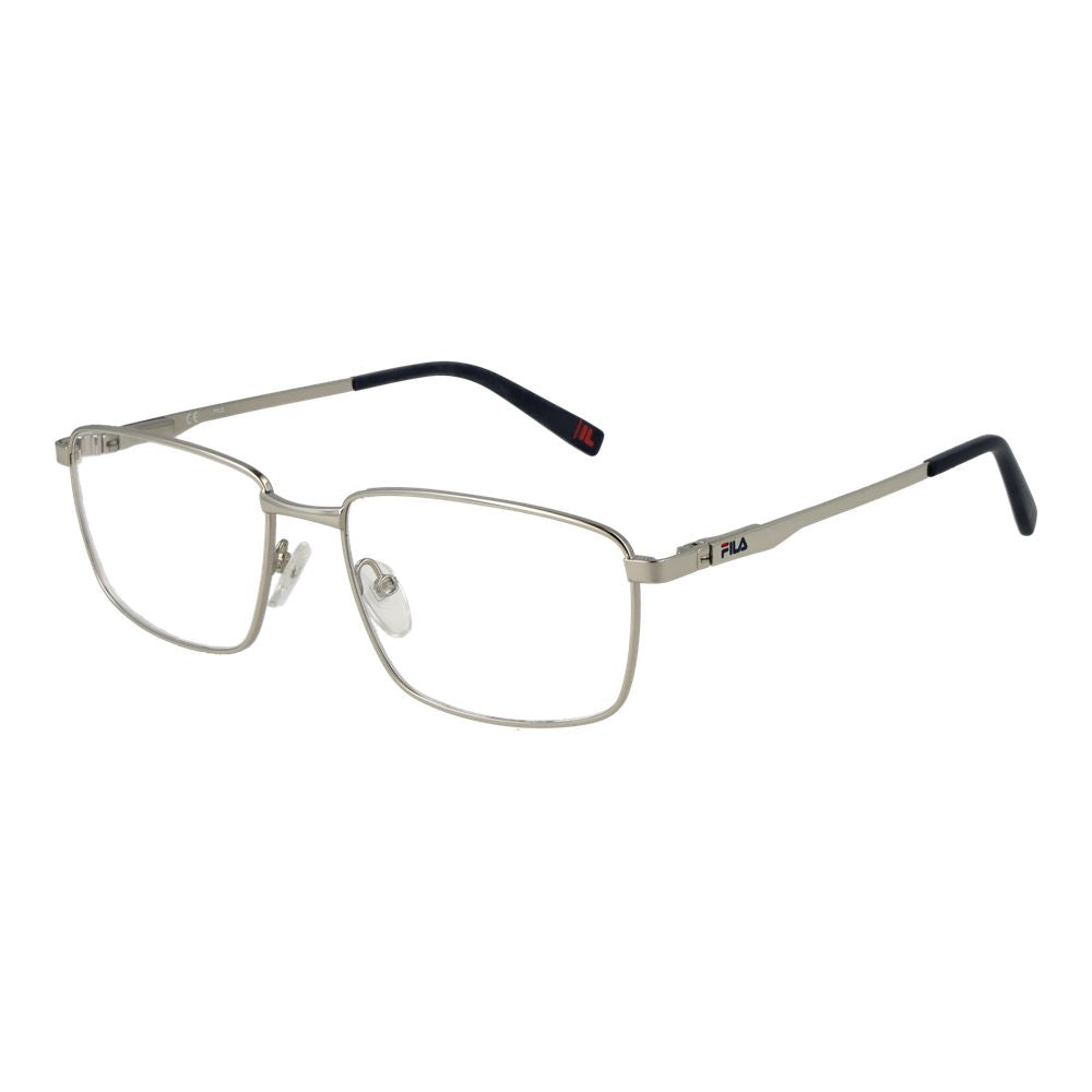 Fila silver stainless steel glasses frames with sleek design and clear lenses, showcasing modern eyewear style.