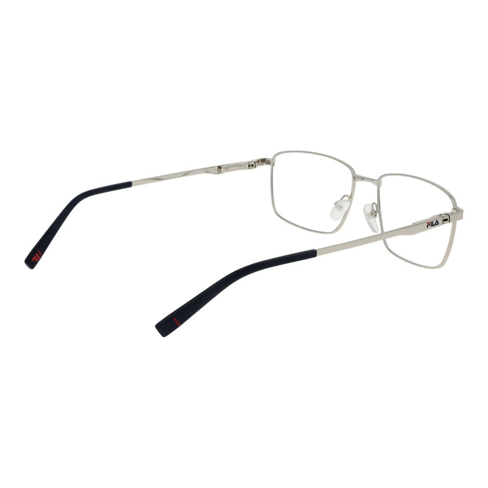 Fila silver stainless steel glasses frames with sleek design and clear lenses, showcasing modern eyewear style.