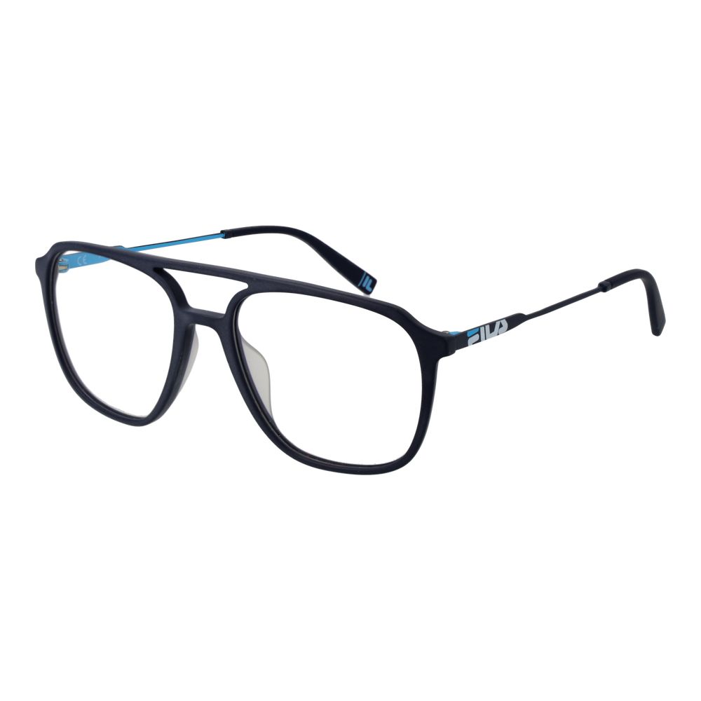 Fila blue metal and plastic eyeglass frames, stylish rectangular design with clear lenses, lightweight and modern eyewear.