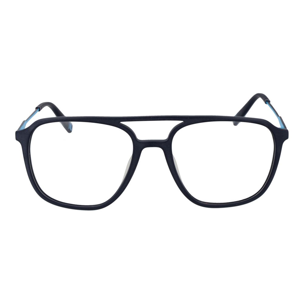 Fila blue metal and plastic eyeglass frames with sleek design and adjustable nose pads, lightweight and stylish for everyday wear.