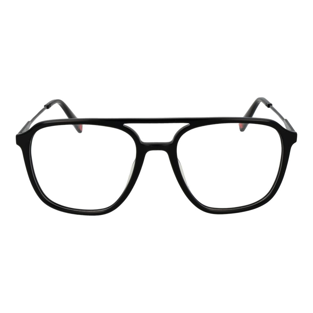 Fila black stainless steel glasses frames with sleek design and clear lenses, showcasing modern eyewear style.