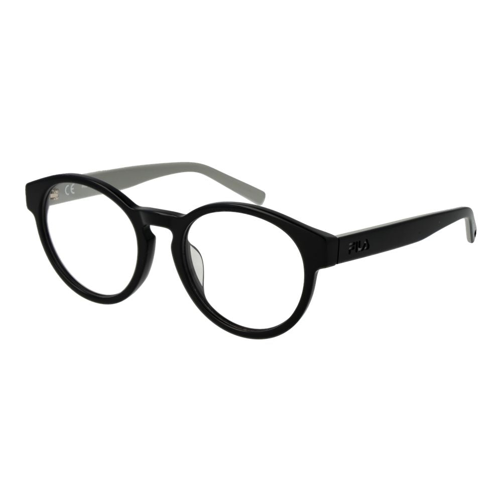 Fila black cellulose acetate eyeglass frames with clear lenses, featuring a sleek, modern design and rounded shape.
