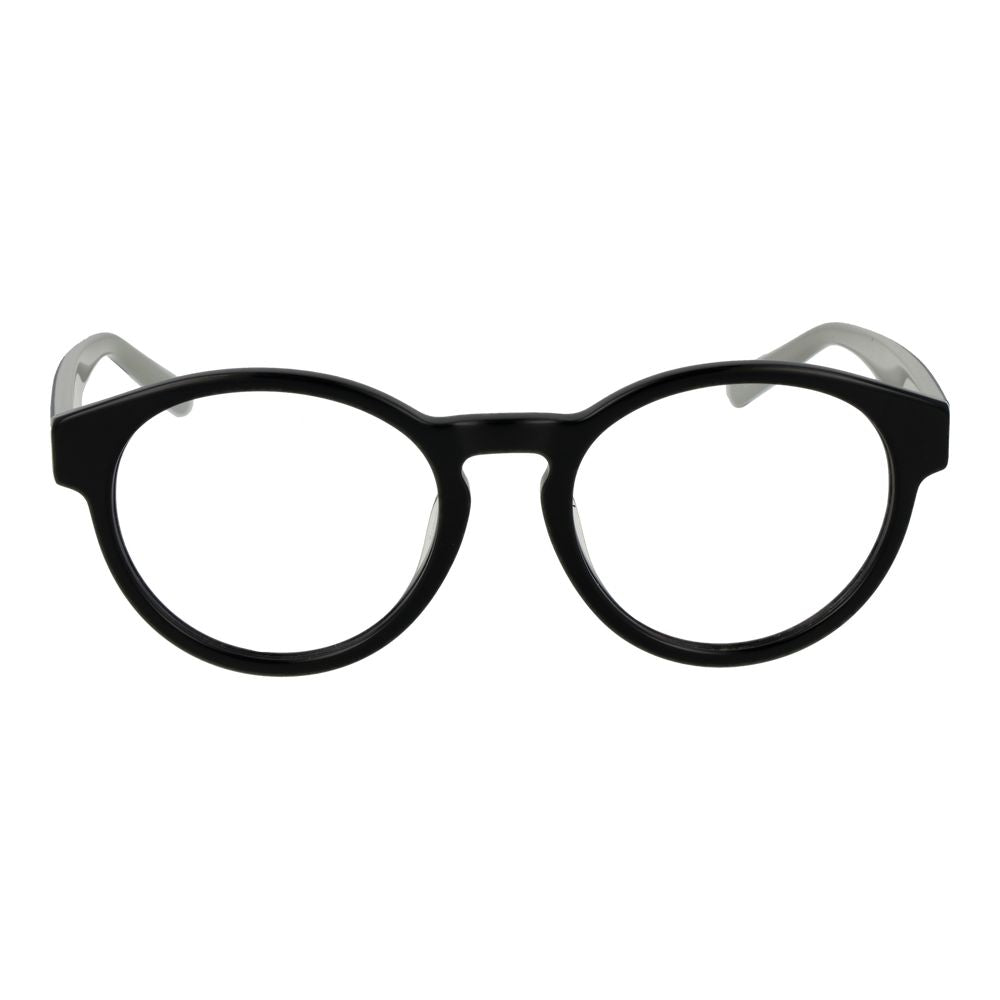 Fila black cellulose acetate glasses frames with rounded design, featuring clear lenses and a sleek, modern style.