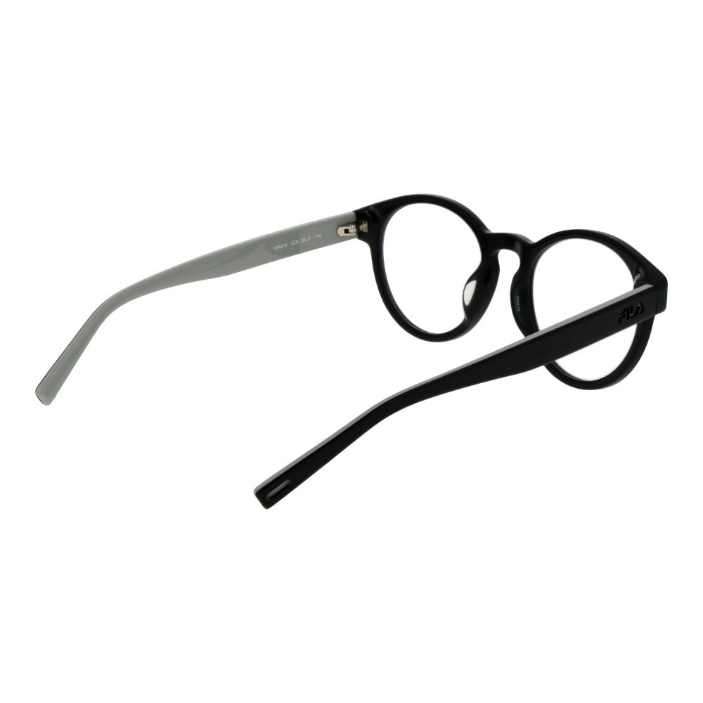Fila black cellulose acetate glasses frames, stylish and lightweight eyewear with a classic design, shown from a front view.
