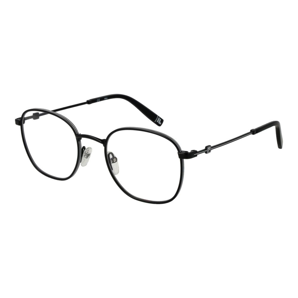 Fila black stainless steel glasses frames with sleek design and rectangular shape, showcasing durable construction and modern style.