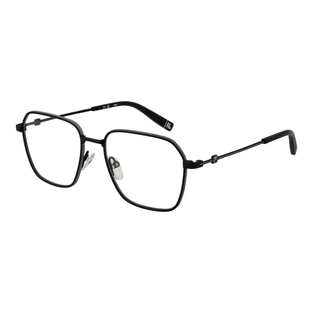 Fila black stainless steel glasses frames, sleek and modern design with clear lenses, lightweight and durable for everyday wear.