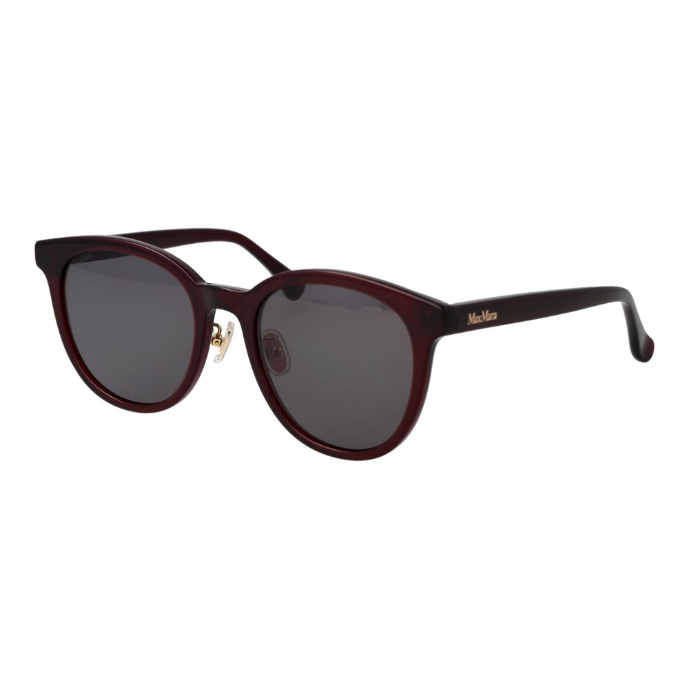 Max Mara burgundy acetate sunglasses with rounded frames and dark lenses, stylish and elegant for sun protection.