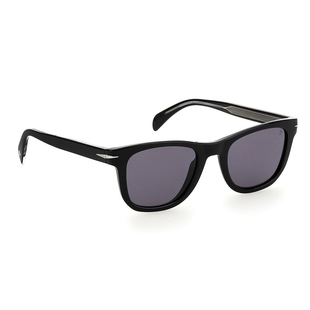 Black plastic sunglasses with David Beckham branding, featuring a sleek, modern design and tinted lenses.