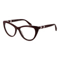 Police Burgundy plastic eyeglass frames with a sleek design and rectangular shape, shown in a close-up image.