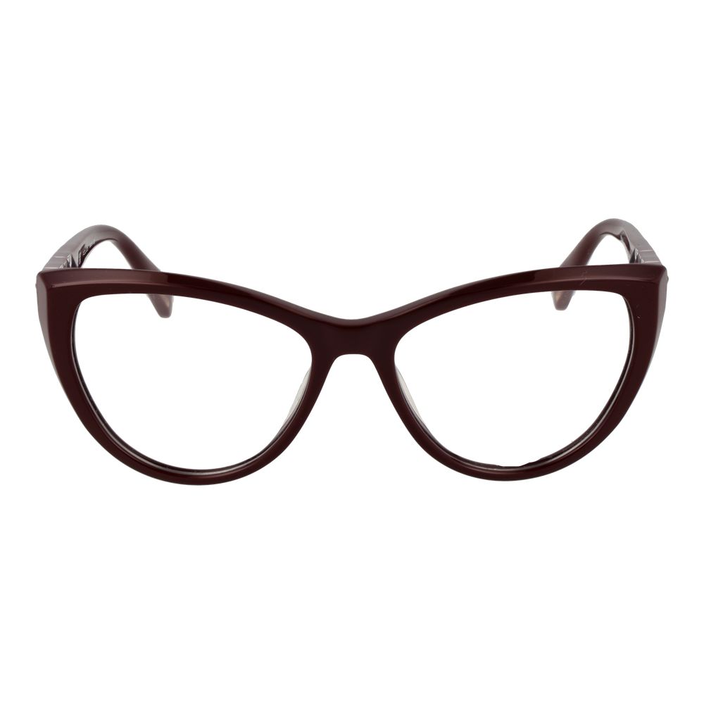 Police Burgundy plastic glasses frames shown on a model, featuring a sleek, modern design with full-rim style and adjustable nose pads.