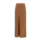 Brunello Cucinelli brown acetate midi skirt displayed on a hanger, showcasing its elegant length and smooth fabric texture.