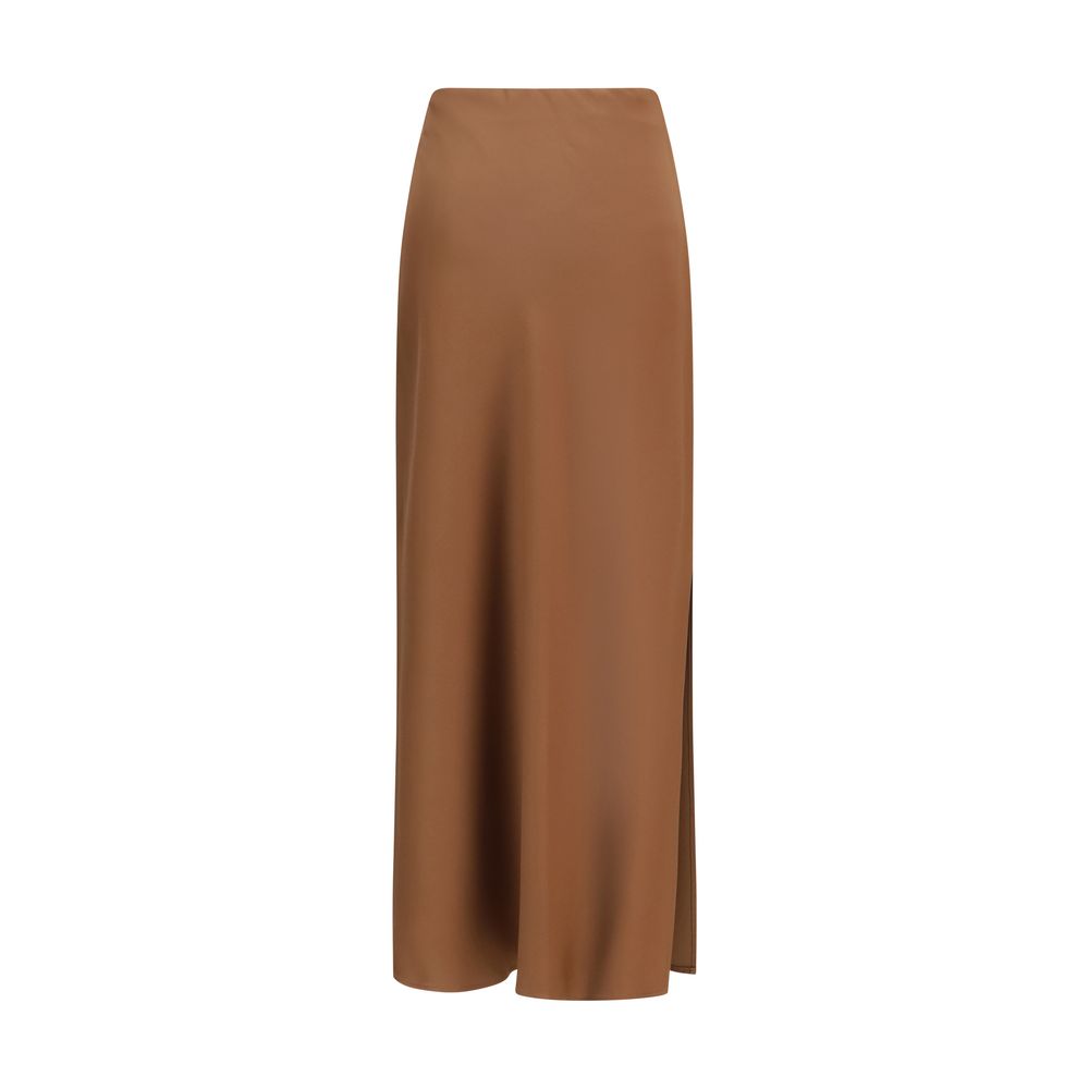 Brunello Cucinelli brown acetate midi skirt displayed on a hanger, showcasing its elegant length and smooth fabric.