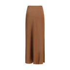 Brunello Cucinelli brown acetate midi skirt displayed on a hanger, showcasing its elegant length and smooth fabric.