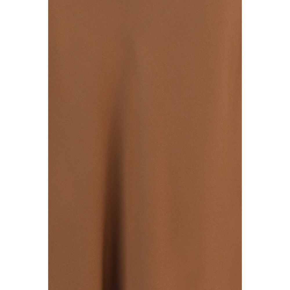 Brunello Cucinelli brown acetate midi skirt displayed on a hanger, showcasing its elegant flow and texture.