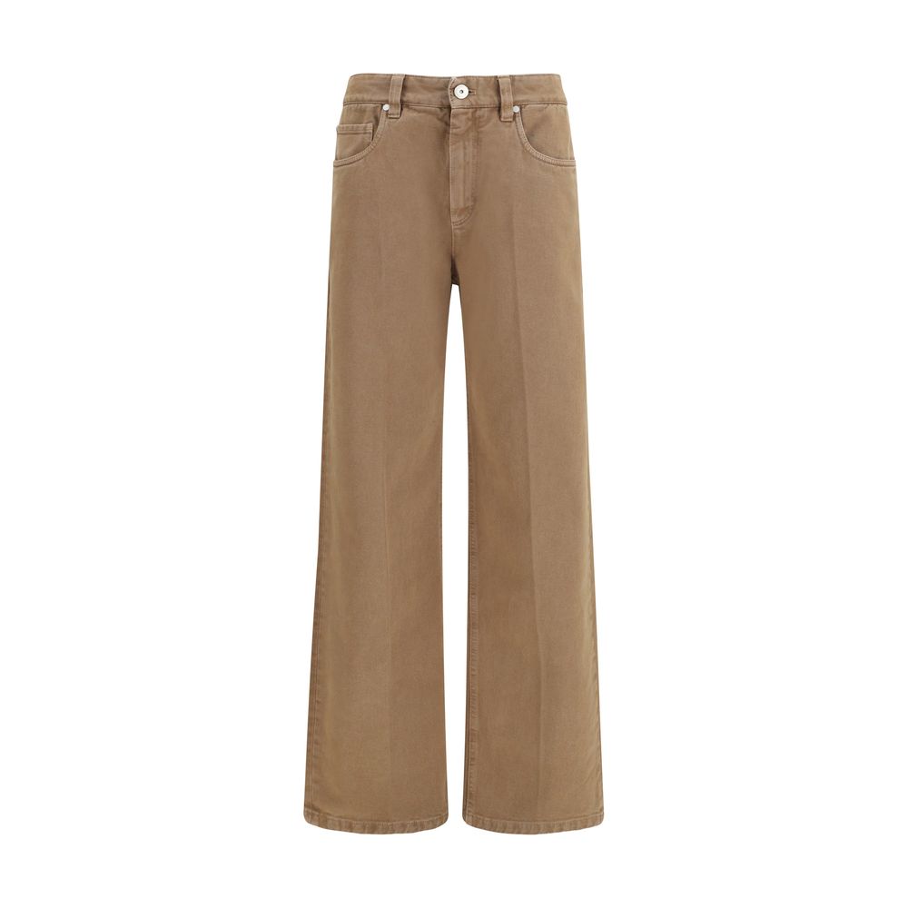 Brunello Cucinelli brown cotton straight-leg jeans displayed on a hanger with visible stitching and classic denim texture.