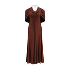 Self-Portrait brown viscose casual dress displayed on a hanger, showcasing its relaxed fit and simple, elegant design.