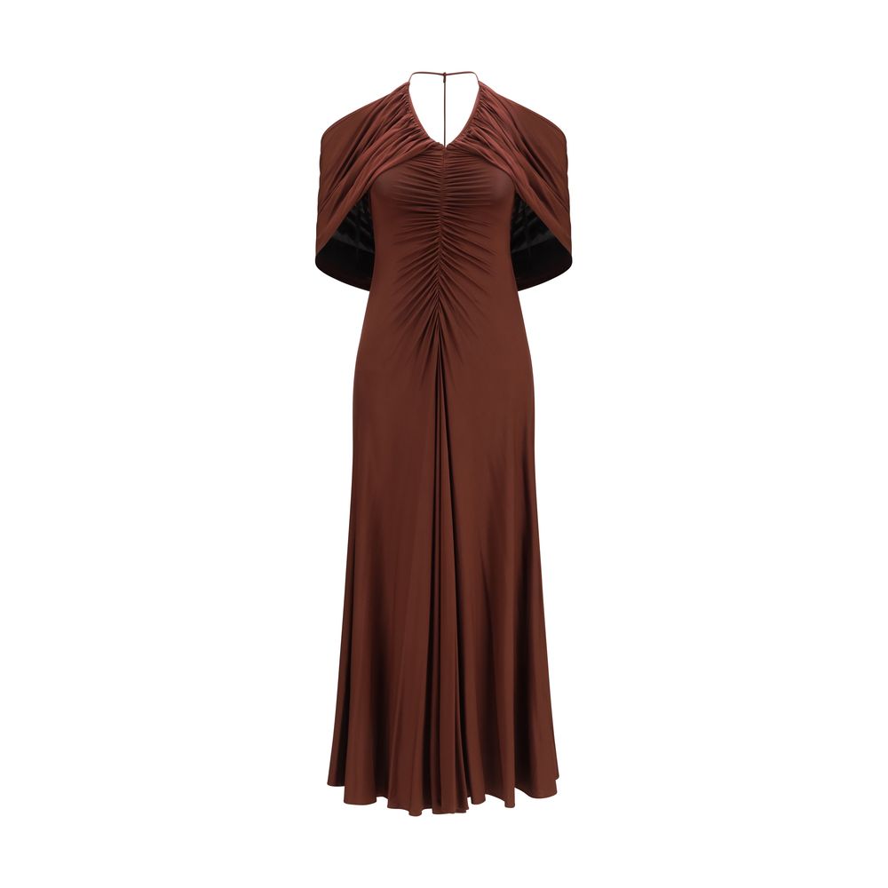 Self-Portrait brown viscose casual dress displayed on a hanger, showcasing its relaxed fit and simple, elegant design.