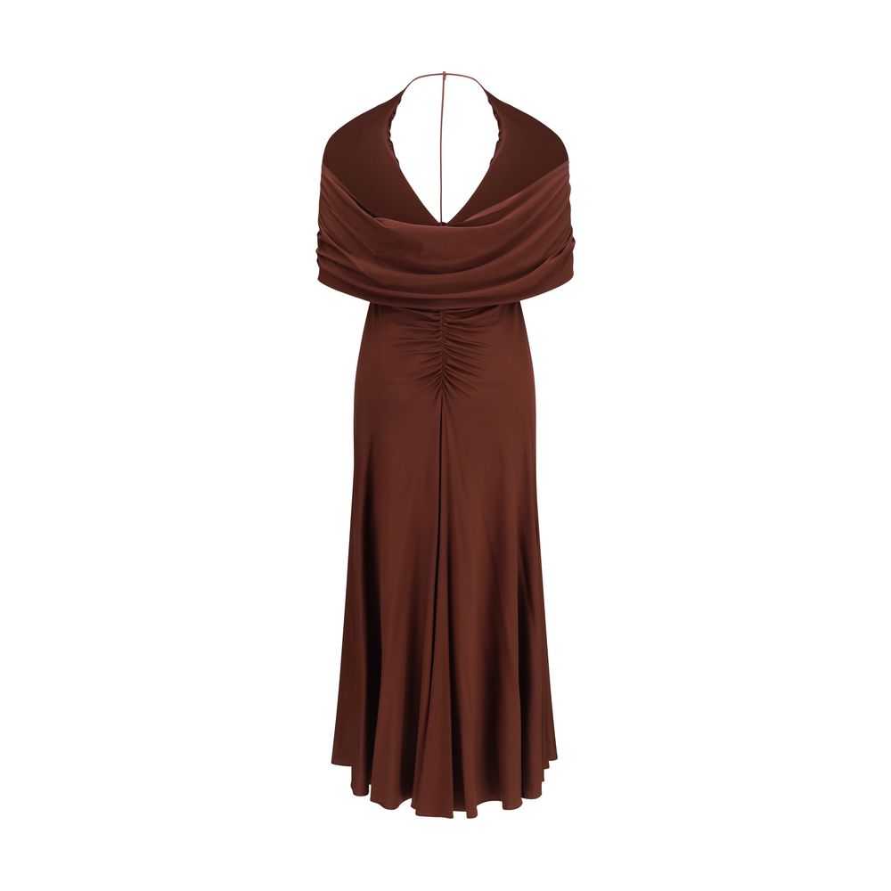 Self-Portrait brown viscose casual dress displayed on a hanger, featuring a relaxed fit and simple design.