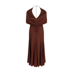 Self-Portrait brown viscose casual dress displayed on a hanger, featuring a relaxed fit and simple design.