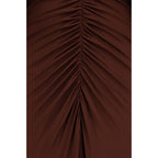 Self-Portrait brown viscose casual dress displayed on a hanger, showcasing a relaxed fit and minimalist design.