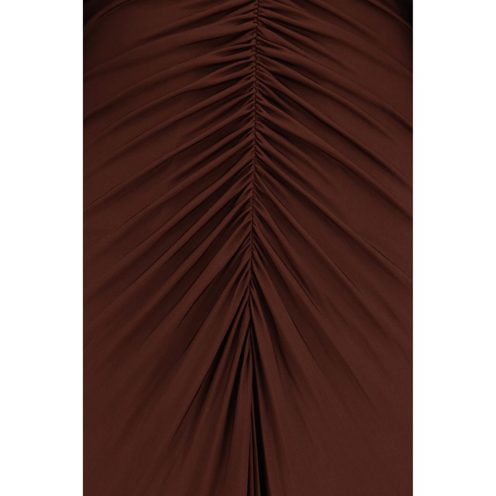 Self-Portrait brown viscose casual dress displayed on a hanger, showcasing a relaxed fit and minimalist design.