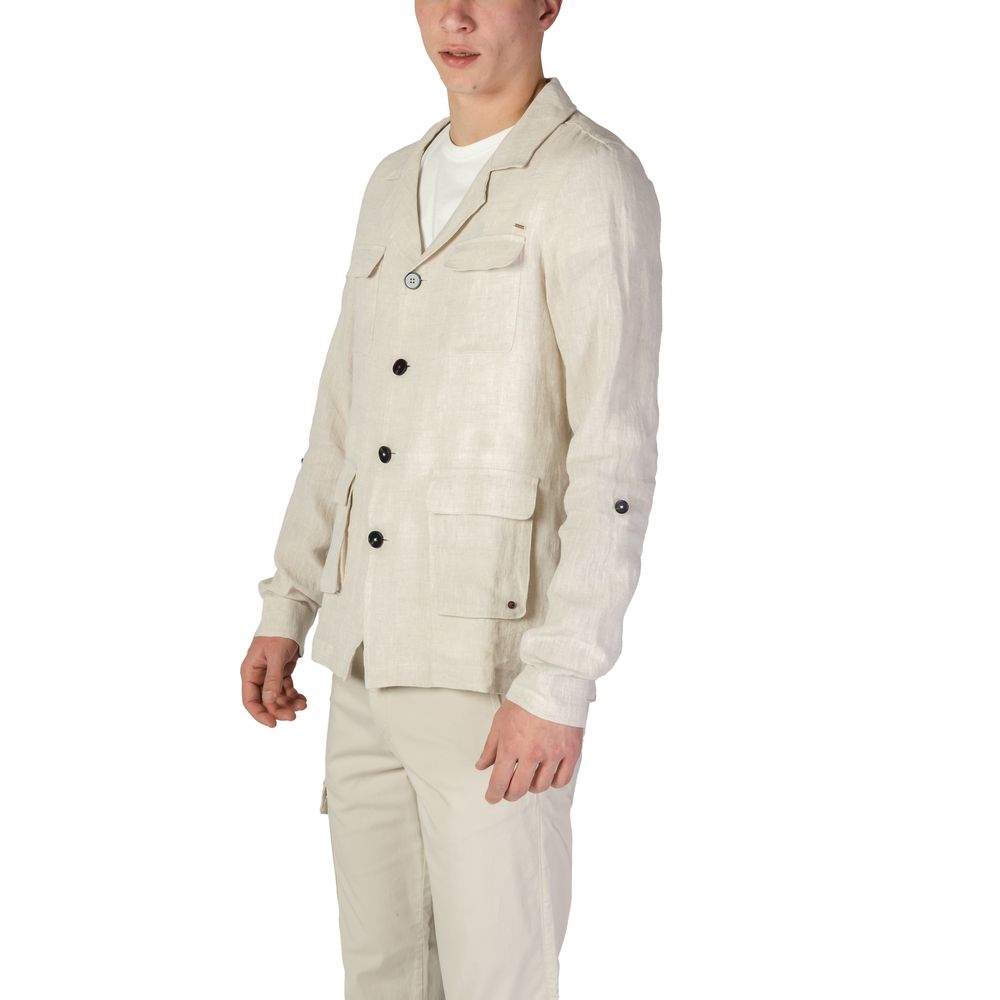 Beige linen blazer from In My Hood, tailored fit, featuring classic lapels and button closure, perfect for stylish casual or professional wear.
