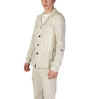 Beige linen blazer from In My Hood, tailored fit, featuring classic lapels and button closure, perfect for stylish casual or professional wear.