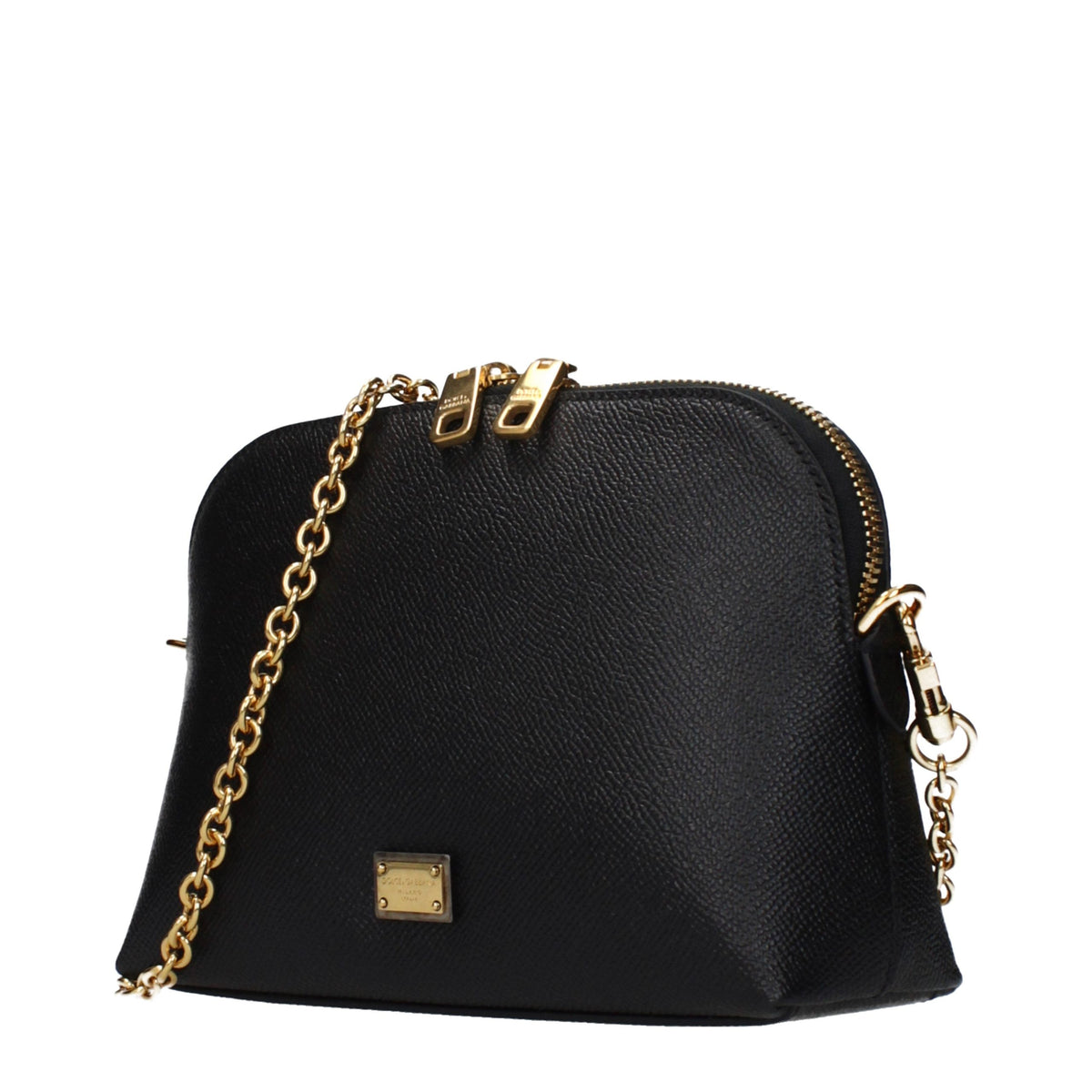 Black leather Dolce & Gabbana shoulder bag with gold-tone hardware and adjustable strap, stylish and elegant for everyday wear.