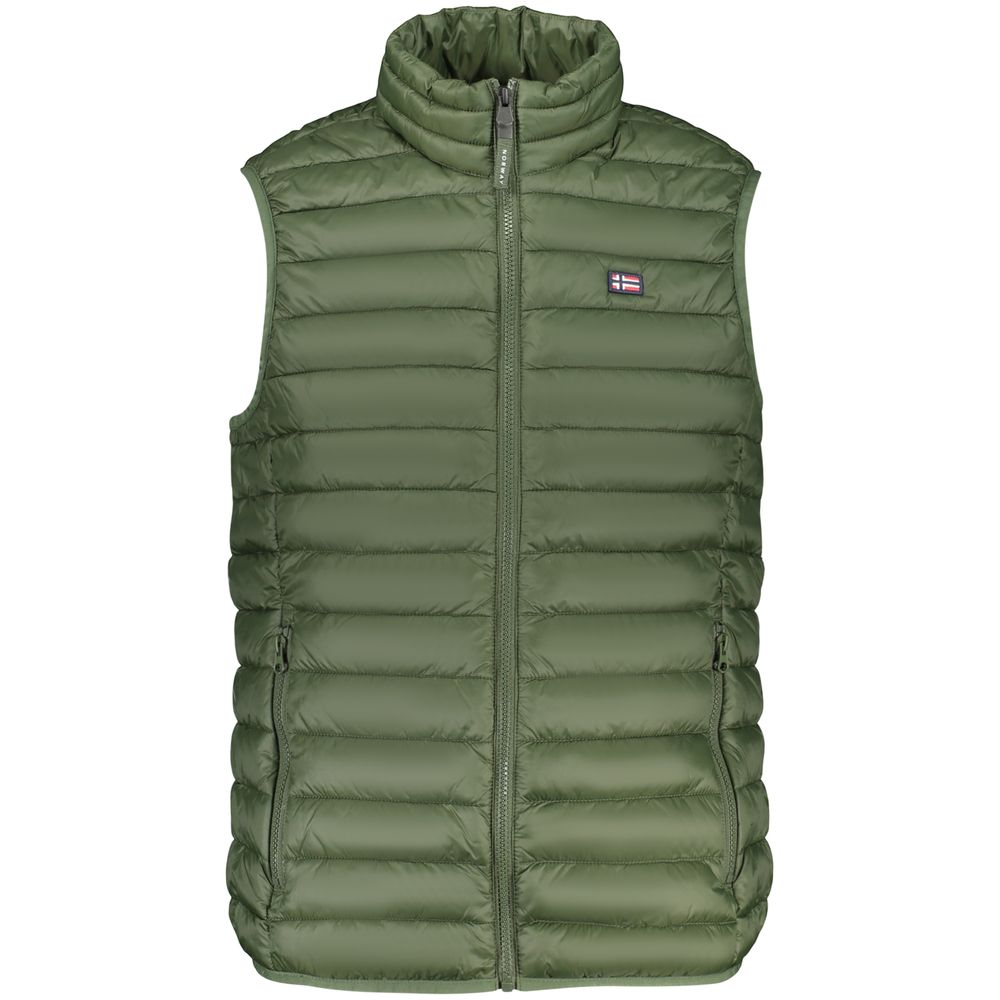 Norway 1963 Verde polyester men's vest laid flat, showing front view with zip closure and sleeveless design.