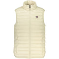 Beige polyester men's vest by Norway 1963, shown on a hanger with front view and tailored details.
