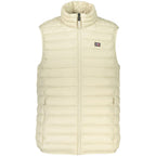 Beige polyester men's vest by Norway 1963, shown on a hanger with front view and tailored details.