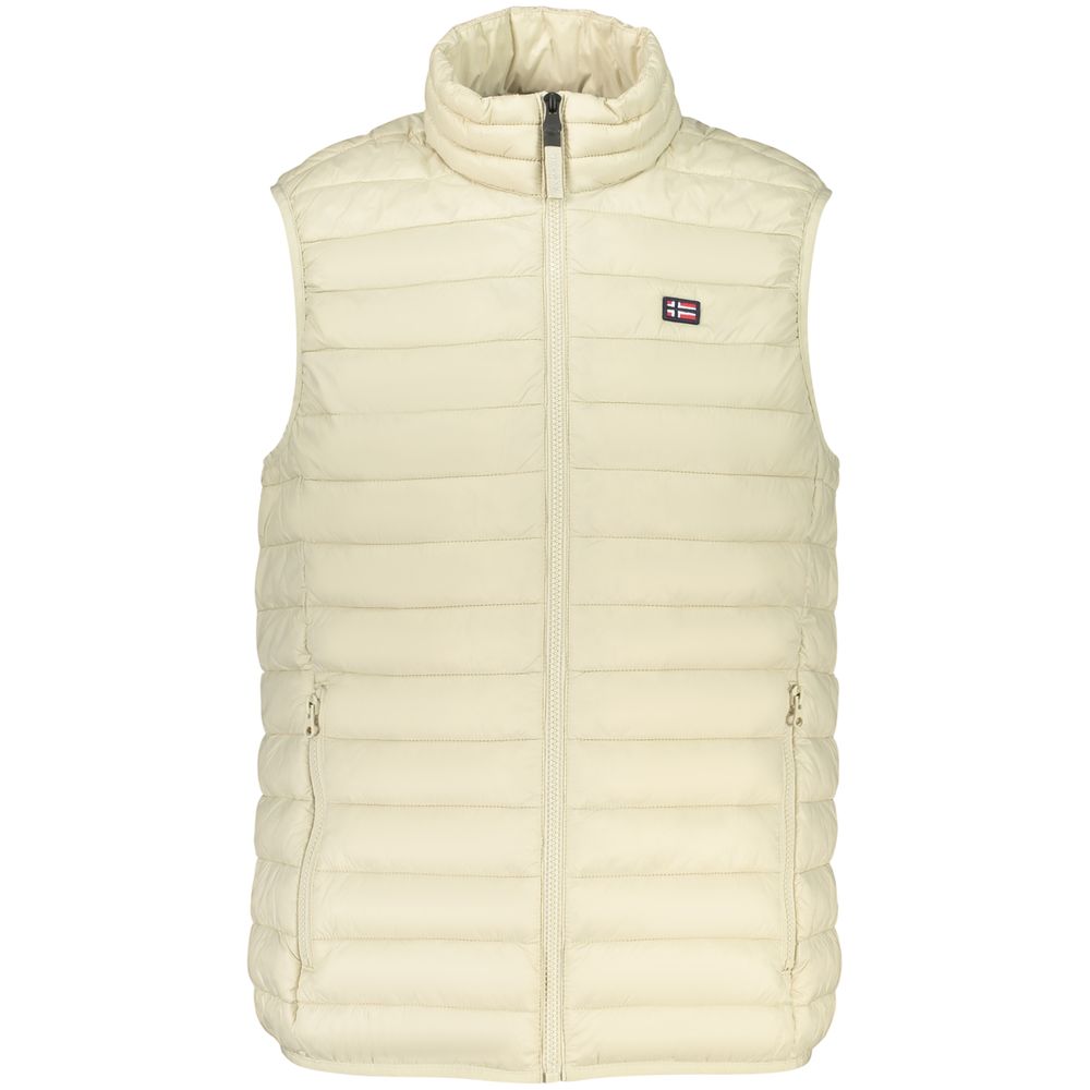 Beige polyester men's vest by Norway 1963, shown on a hanger with front view and tailored details.