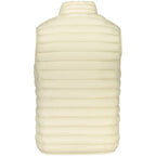 Beige polyester men's vest from Norway 1963, displayed on a hanger with front view showing V-neck and sleeveless design.