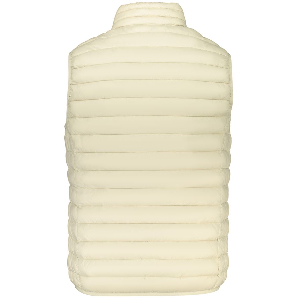 Beige polyester men's vest from Norway 1963, displayed on a hanger with front view showing V-neck and sleeveless design.
