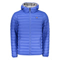 Norway 1963 blue polyamide men's jacket displayed on a hanger, showcasing its lightweight, waterproof design and classic style.