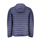 Norway 1963 blue polyamide men's jacket displayed on a hanger, featuring a classic design with a front zipper and collar.