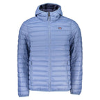 Norway 1963 blue polyamide men's jacket displayed on a hanger, showcasing its lightweight, waterproof design and casual style.