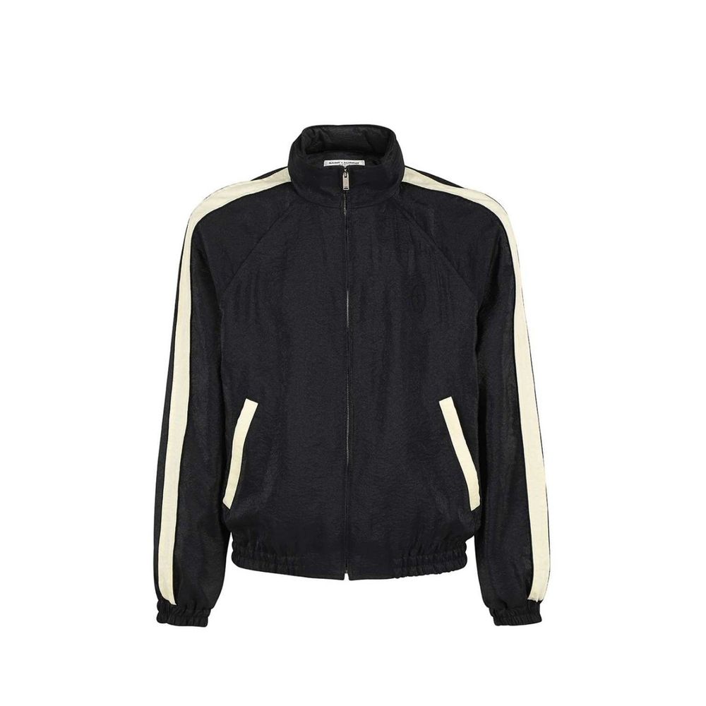 Black Saint Laurent polyamide bomber jacket with ribbed collar and cuffs, front zipper, and sleek design.