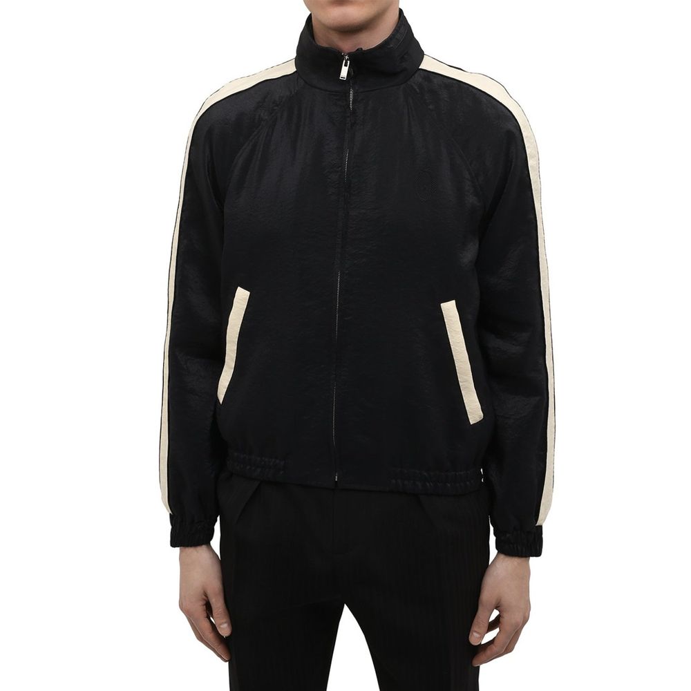 Black Saint Laurent polyamide bomber jacket with ribbed cuffs and collar, front zipper, and sleek, modern design.