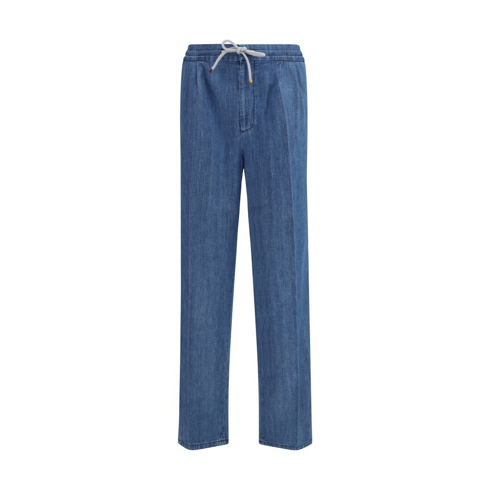 Brunello Cucinelli blue cotton casual pants, relaxed fit with waistband and pockets, stylish men's leisurewear in natural fabric.
