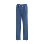 Brunello Cucinelli blue cotton casual pants, relaxed fit with waistband and pockets, stylish men's leisurewear in natural fabric.