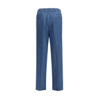 Brunello Cucinelli blue cotton casual pants laid flat, showcasing relaxed fit and classic design for comfortable everyday wear.