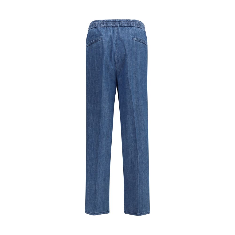 Brunello Cucinelli blue cotton casual pants laid flat, showcasing relaxed fit and classic design for comfortable everyday wear.